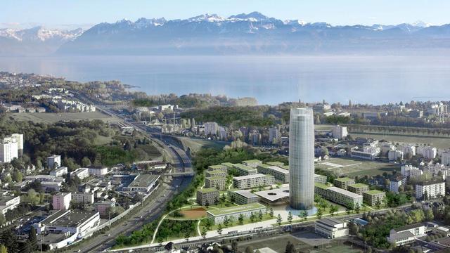 La future tour de Chavannes-près-Renens (VD), haute de 117 m et de 35 étages, doit s'insérer dans le nouveau quartier des Cèdres. [richterdahlrocha.com]