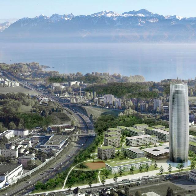 La future tour de Chavannes-près-Renens (VD), haute de 117 m et de 35 étages, doit s'insérer dans le nouveau quartier des Cèdres. [richterdahlrocha.com]