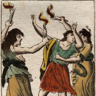 "Oreste, tourmenté par les Furies (ou Erinyes) pour avoir venger son père Agamemnon en tuant sa propre mère", de "Mythologie de la jeunesse" de Pierre Blanchard 1803. [Leemage / AFP]
