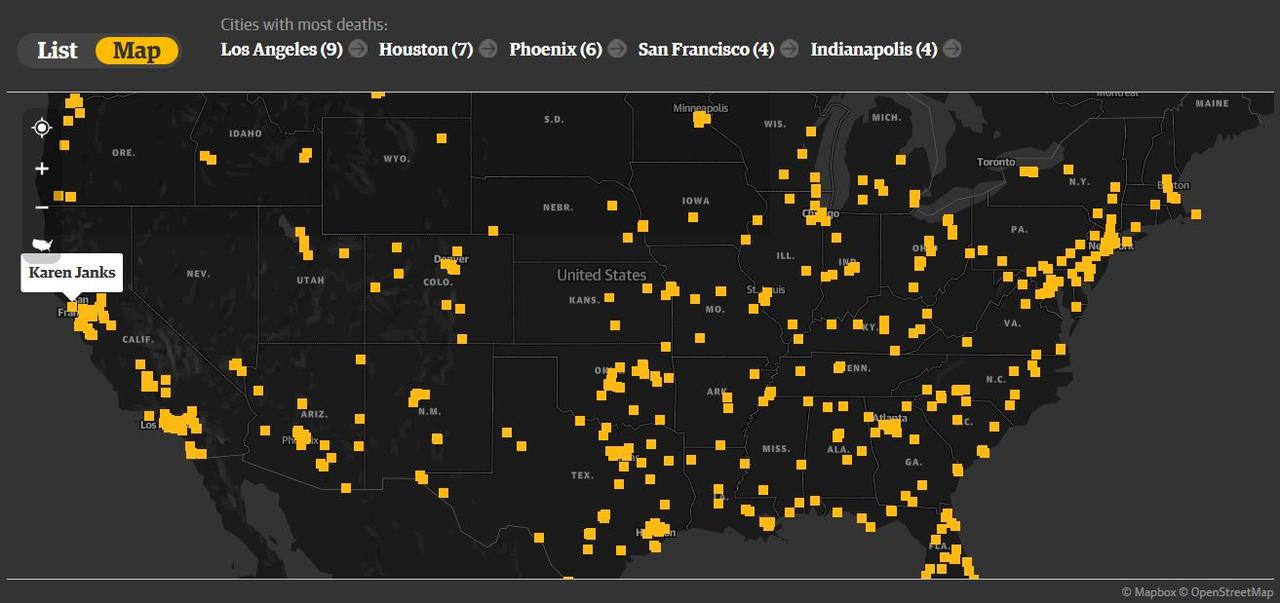 La cartes des violences policières aux Etats-Unis établis par The Guardian, au 8 juin 2015. [The Guardian]