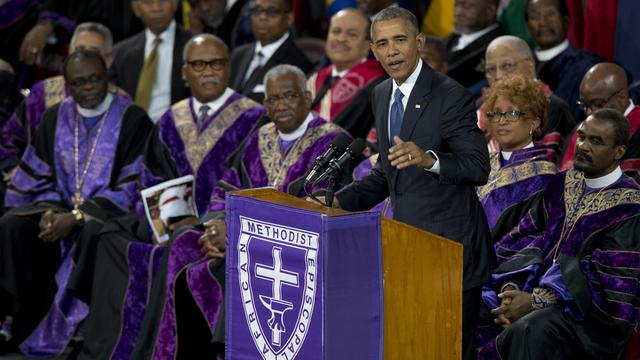 Le président américain s'est rendu à Charleston pour saluer la mémoire du révérend Pinckney. [Keystone]