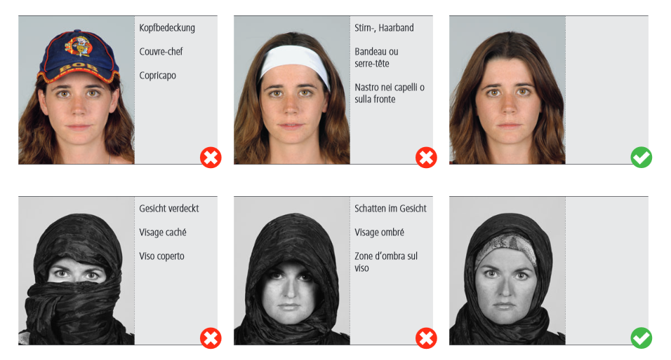 Critères d’acceptation des photos pour passeports et cartes d’identité. Exemples avec couvre-chef, voile, bandeau. [Admin.ch]