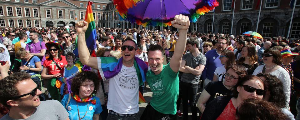 Les partisans du mariage gay célèbrent leur victoire devant la château de Dublin. [Paul Faith]