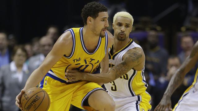 Klay Thompson (à g.) a étouffé les Pacers avec ses 39 points. [Michael Conroy]