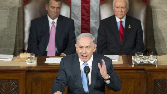 Benjamin Netanyahu devant le Congrès américain à Washington le 3 mars 2015. [Keystone - MICHAEL REYNOLDS]