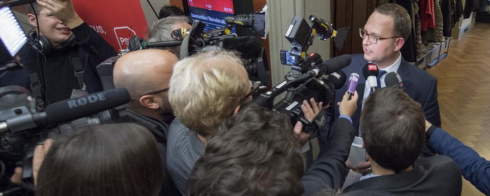 Norman Gobbi à la sortie de son audition auprès du PS. [Keystone - Lukas Lehmann]