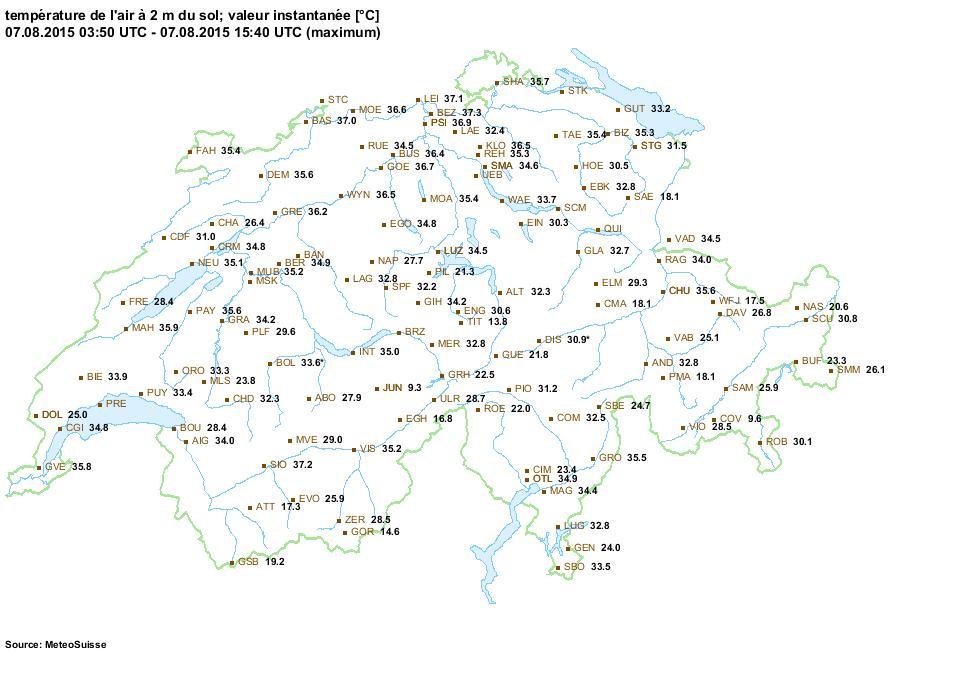 Les maxima du 7 août 2015 à 16h40. [Météosuisse]
