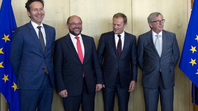 De gauche à droite, Jeroen Dijsselbloem, Martin Schultz, Donald Tusk et Jean-Claude Juncker, juste après une vidéo conférence avec Mario Draghi. [Virginia Mayo]