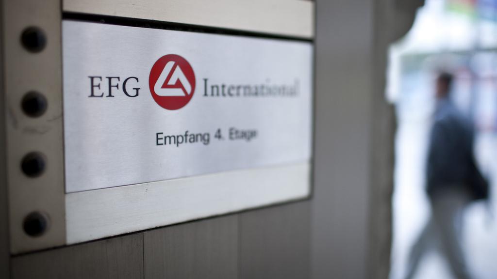 Le logo du groupe bancaire zurichois EFG International. [Keystone - Gaëtan Bally]