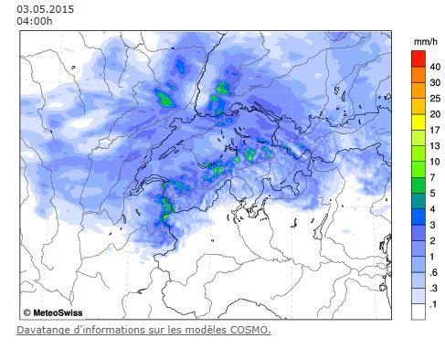 Le gros des pluies est attendu durant la nuit, selon le modèle de MétéoSuisse. [MeteoSwiss]