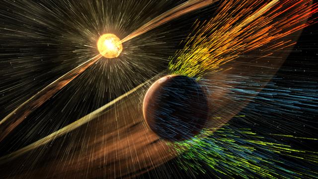 Une image de tempête solaire touchant Mars réalisée par un artiste et diffusée par la Nasa le 5 novembre 2015.