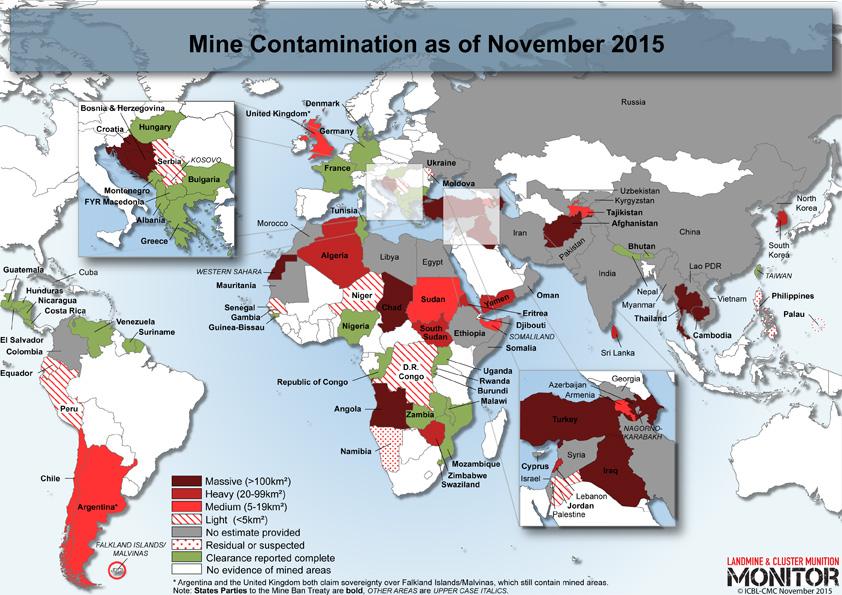 La carte des pays contaminés par des mines en 2015. [© ICBL-CMC November 2015]
