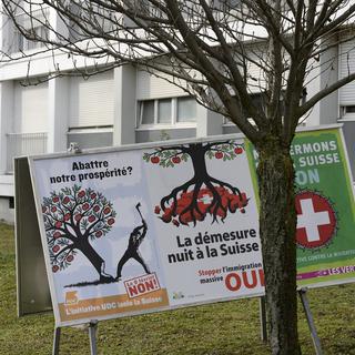 Affiches sur le thème de l'initiative UDC sur l'immigration de masse photographiées à Genève début février 2014. [MARTIAL TREZZINI]
