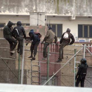 Des immigrés grimpant sur la barrière à la frontière entre le Maroc et l'enclave espagnole Melilla. [Keystone - F.G. Guerrero - EPA]