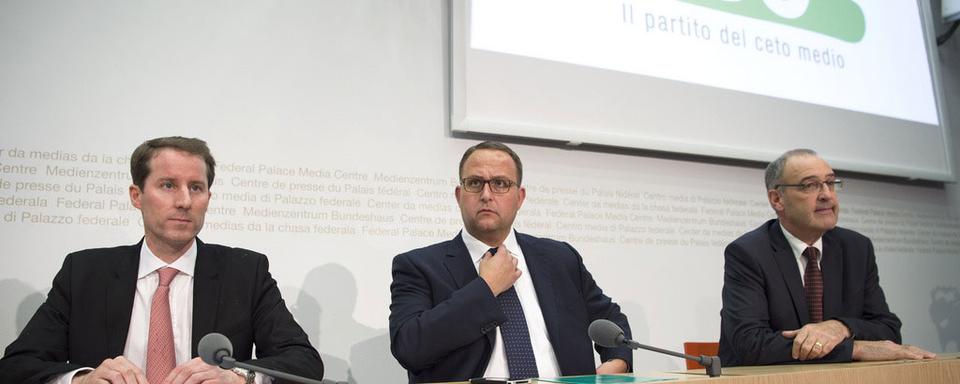 Les 3 candidats UDC au Conseil fédéral: Thomas Aeschi, Norman Gobbi et Guy Parmelin. [Peter Schneider]