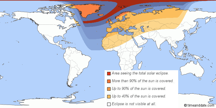 La visibilité de l'éclipse solaire de vendredi suivant les régions du monde. [Timeanddate]