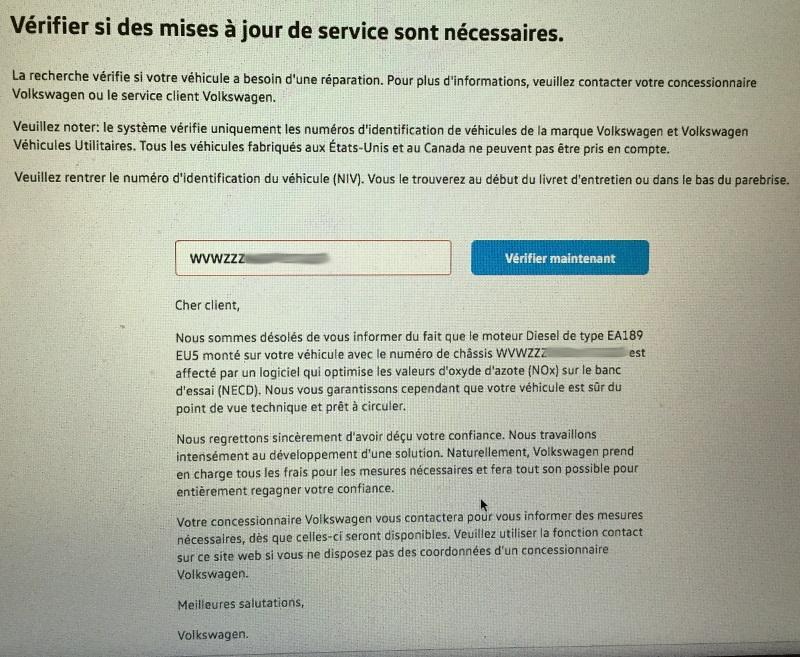 Exemple du message adressé par le site aux véhicules touchés par le scandale. [Capture d'écran - VW]