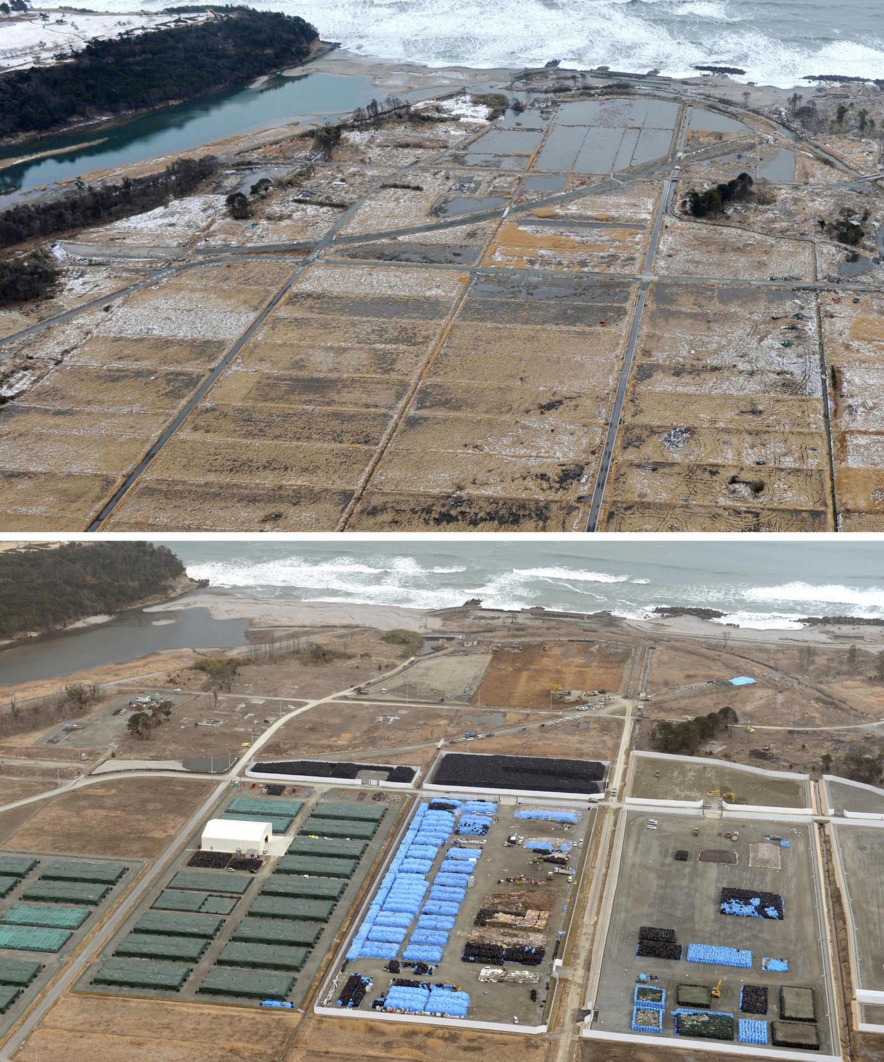 Naraha, en haut peu après le tsunami du 11 mars 2011, en bas en février 2015. [Kyodo - © KYODO Kyodo / Reuters]