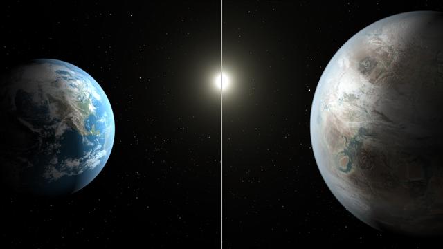 Cette image de synthèse de la Nasa compare la Terre (à gauche) et l'exoplanète Kepler 452-b (à droite). [NASA/JPL-CALTECH/T.PYLE]