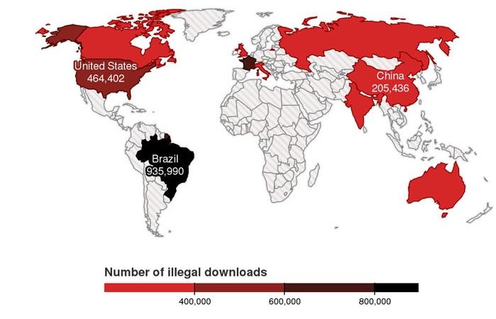 La carte des téléchargements illégaux de Game of Thrones ces trois derniers mois. [independent.co.uk]