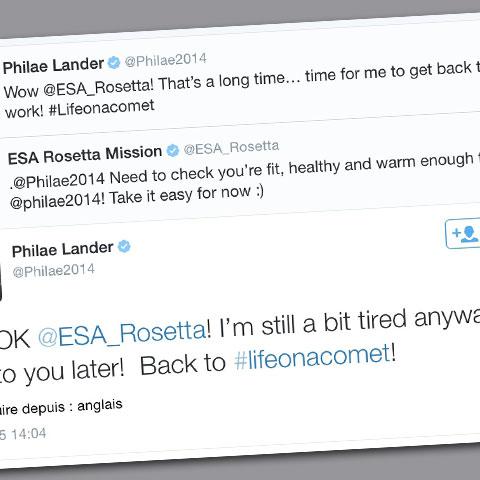 Conversation sur Twitter entre Philae et Rosetta, juste après le réveil du petit robot. [Twitter]