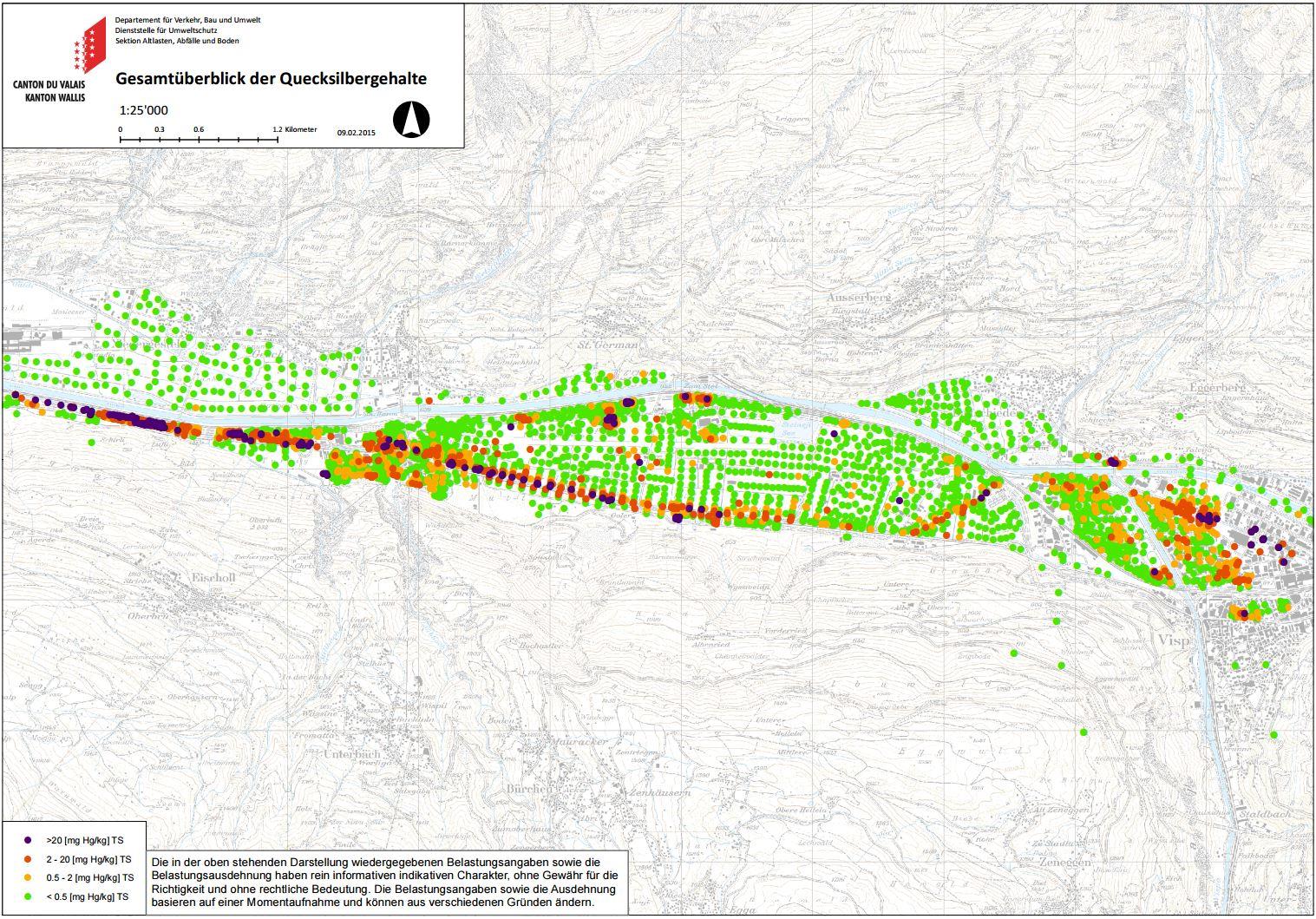 La carte du canton du Valais sur l'aperçu des teneurs en mercure dans la région de Viège au 9 février 2015. [www.vs.ch]