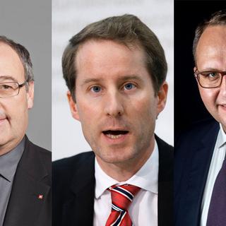 Les trois candidats présentés par le groupe UDC: Guy Parmelin, Thomas Aeschi et Norman Gobbi (de g. à dr.).
