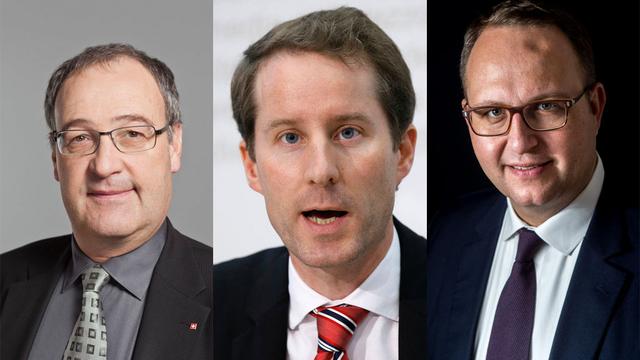 Les trois candidats présentés par le groupe UDC: Guy Parmelin, Thomas Aeschi et Norman Gobbi (de g. à dr.).