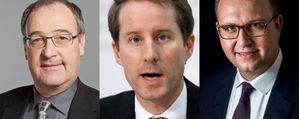 Les trois candidats présentés par le groupe UDC: Guy Parmelin, Thomas Aeschi et Norman Gobbi (de g. à dr.).