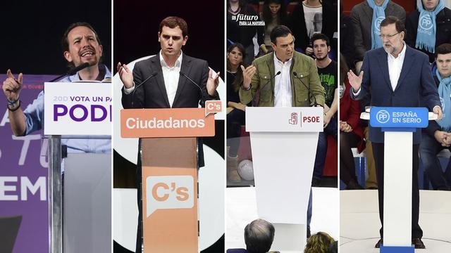 Pablo Iglesias (Podemos), Albert Rivera (Ciudadanos), Pedro Sanchez (parti socialiste) et Mariano Rajoy (parti populaire de droite). [AFP]