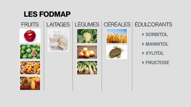 Cinq catégories de sucres que l'on retrouve dans ces aliments: Fructose, Lactose, Fructanes, Galactanes et Polyols.