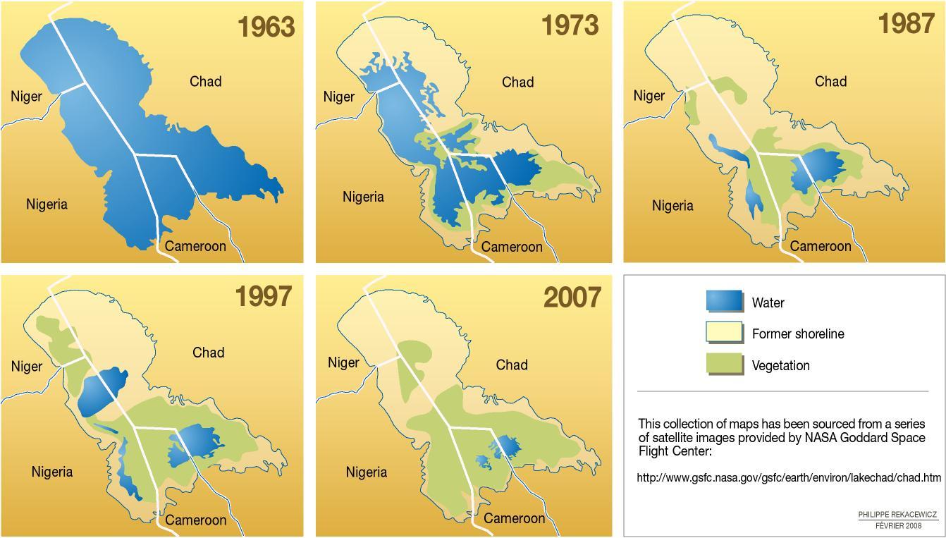 L'assèchement du lac Tchad entre 1963 et 2007. [UNEP / Programme des Nations Unies pour l’environnement]
