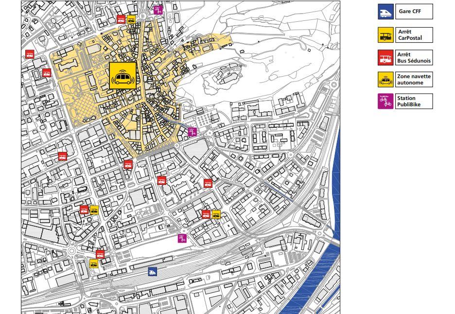 Plan du périmètre de la ville de Sion où circuleront les navettes autonomes [CarPostal]