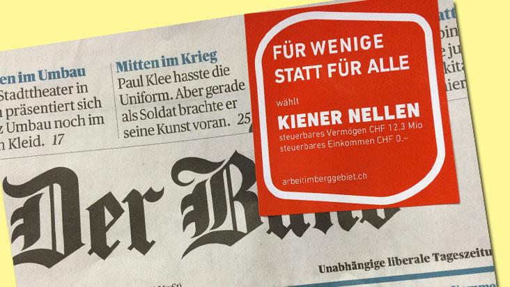 La campagne négative prend la forme d’un autocollant rouge collé sur toutes les éditions de la Berner Zeitung et du Bund. [RTS]