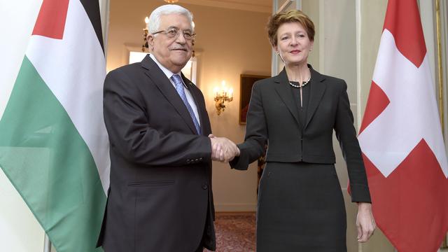 Mahmoud Abbas s'est entretenu avec la présidente de la Confédération Simonetta Sommaruga. [Keystone - Alessandro Della Valle]