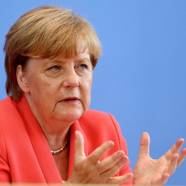 Angela Merkel devant la presse à Berlin, ce lundi 31.08.2015. [Anadolu Agency/AFP - Mehmet Kaman]