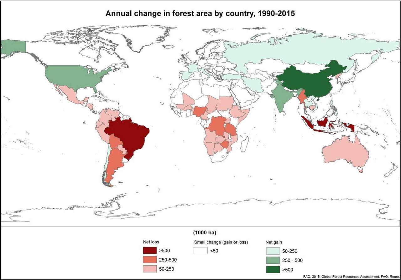 L'évolution des étendues forestières entre 1990 et 2015. [FAO, 2015, Global Forest Resources Assessment]