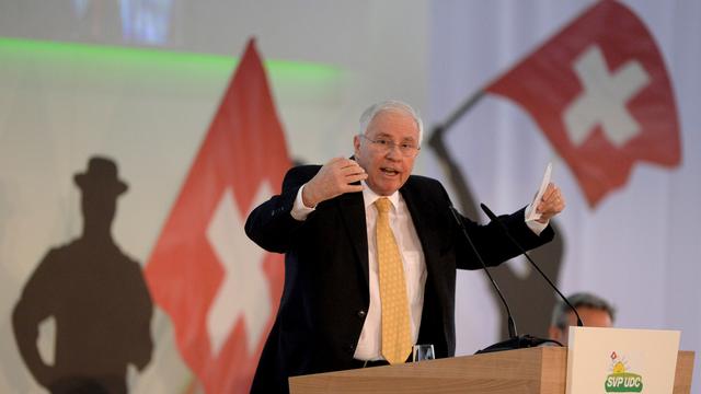 Christoph Blocher, vice-président de l'UDC, lors de l'assemblée des délégués le 28 février 2015. [Urs Flüeler]