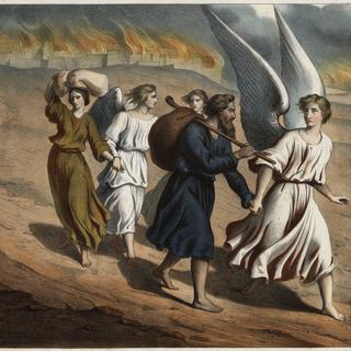 Deux anges guident Loth et ses filles qui doivent quitter la ville de Sodome, détruite par Dieu. Gravure anonyme du milieu du 19e siècle. [AFP - Bianchetti/Leemage]