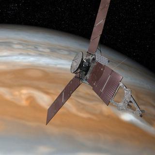 Vue d'artiste de la sonde Juno autour de Jupiter. [EPA / NASA / Keystone]