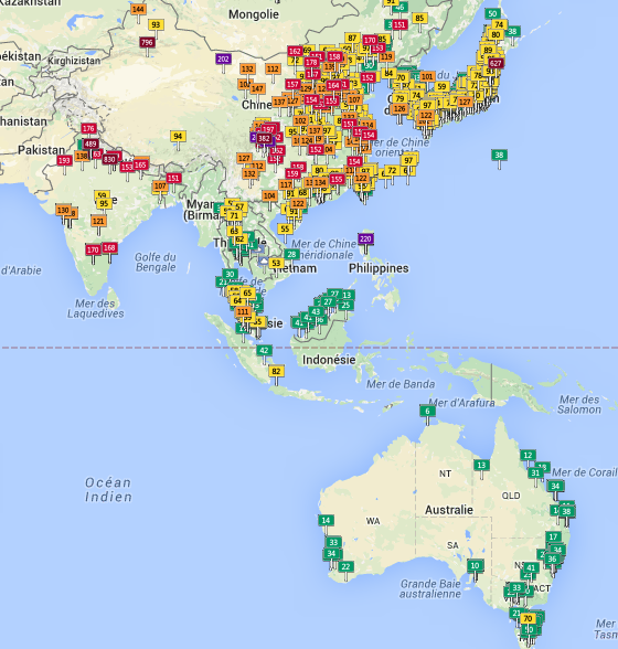 La différence entre les niveaux de pollution atmosphérique en Australie et en Chine. [Air Quality Index]