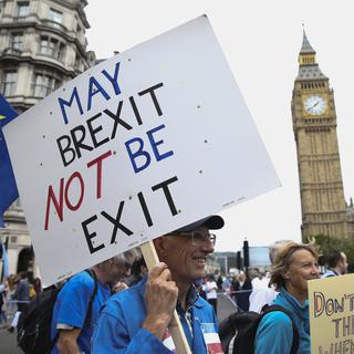 Un homme défile à Londres avec une pancarte "May Brexit not be exit" ("Espérons que le Brexit ne mène pas à une sortie"). [AFP - Justin Tallis]