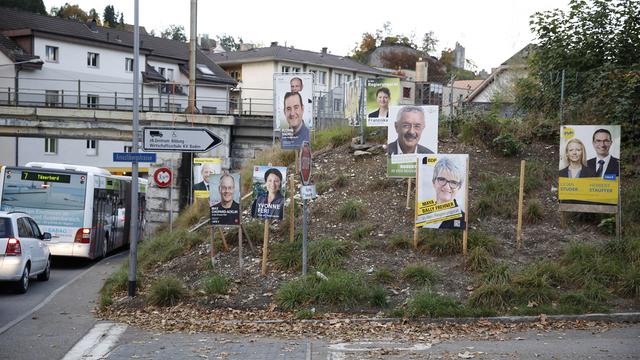 Des affiches électorales à Baden, dans le canton d'Argovie. [Keystone - Aladin Klieber]