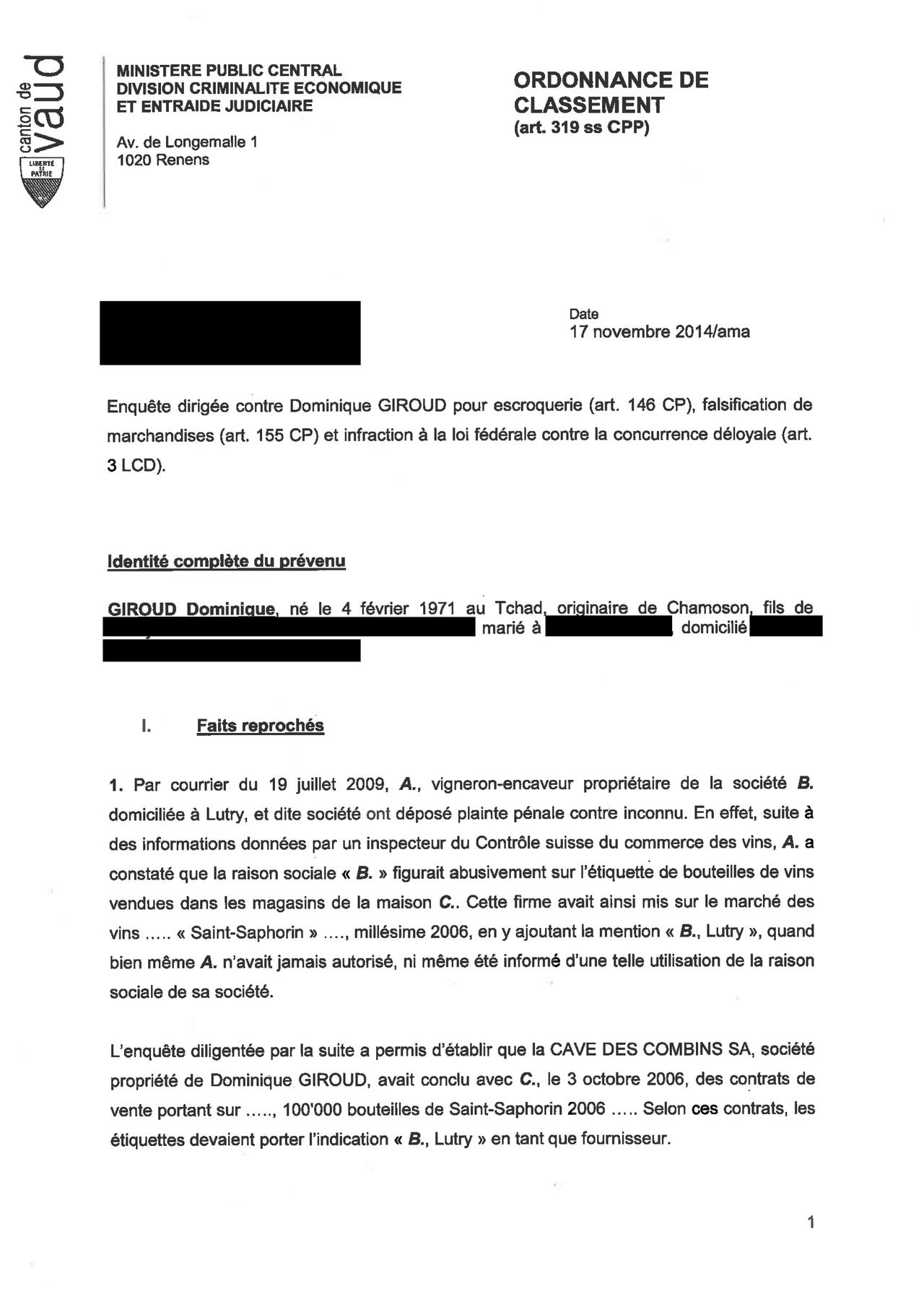 Ordonnance de classement, page 1.