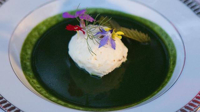 Soupe d'Ortie Mousse de Vieux Gruyère parfumé au Mélilot [RTS - Jessica Genoud]