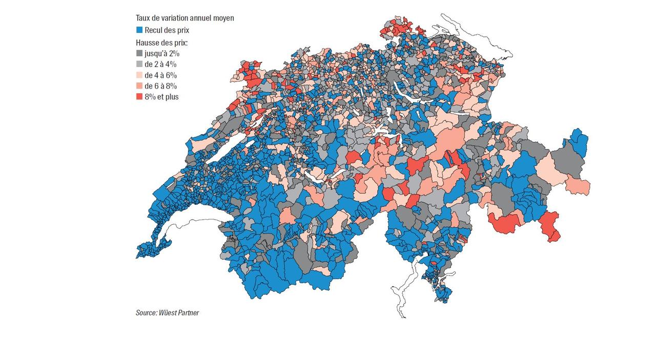 Le marché de l'immobilier se détend, comme le montre cette carte représentant l’évolution des prix 2015-2016 des logements en propriété dans les communes. [Wüst and Partner]