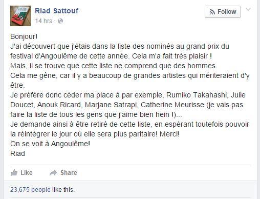 La publication de Riad Sattouf sur Facebook. [Facebook]