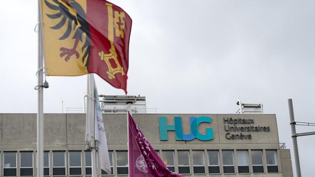 Le logo des Hôpitaux universitaires de Genève (HUG). [Keystone - Martial Trezzini]