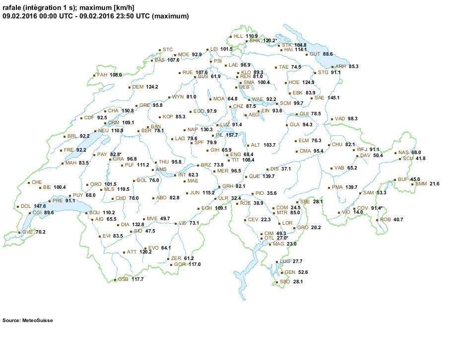 Les rafales ont atteint 125 km-h à Delémont. [MétéoSuisse]