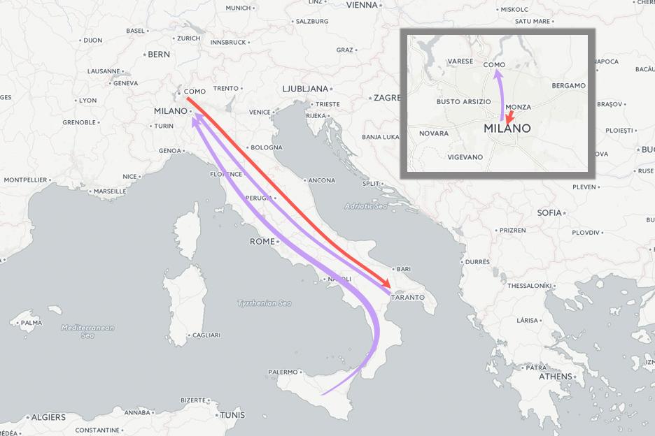 En violet, les flux de migrants en direction de Côme. En rouge, les renvois vers le sud de la police italienne.